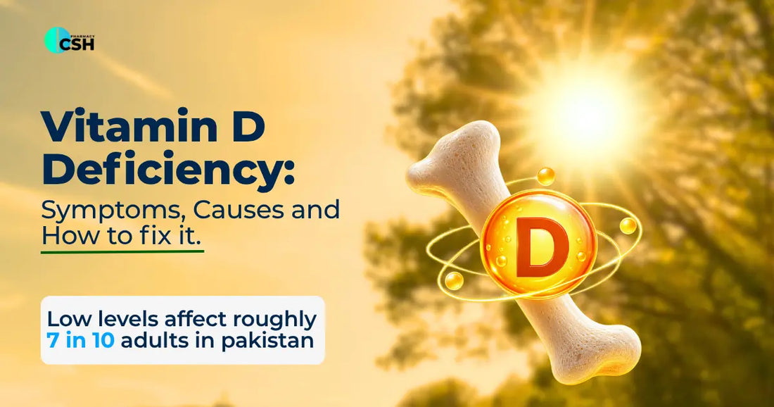 Vitamin D deficiency symptoms, causes and how to fix it, shown with a bone and vitamin D capsule in sunlight